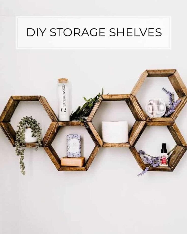 hexagon shelves staged in bathroom