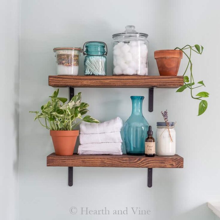 wood shelves with metal brackets