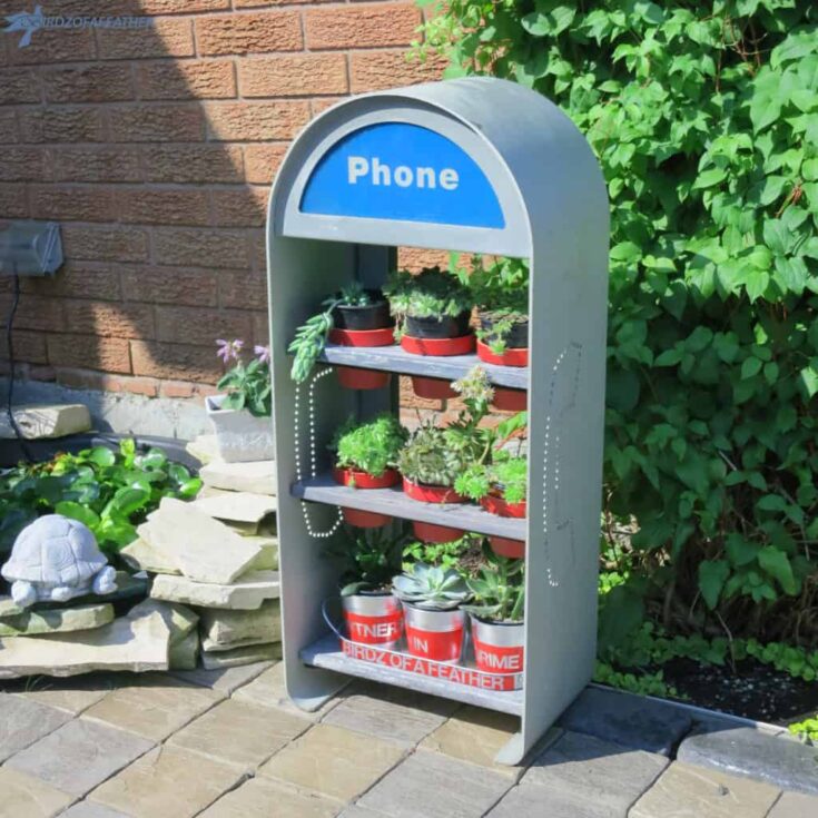 old phone booth upcycled into plant shelf