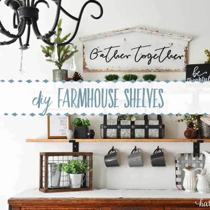 diy farmhouse shelves set up as coffee bar
