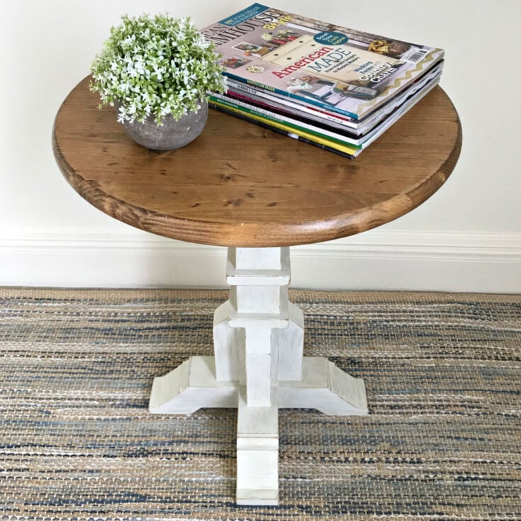 farmhouse style round end table with white pedestal base