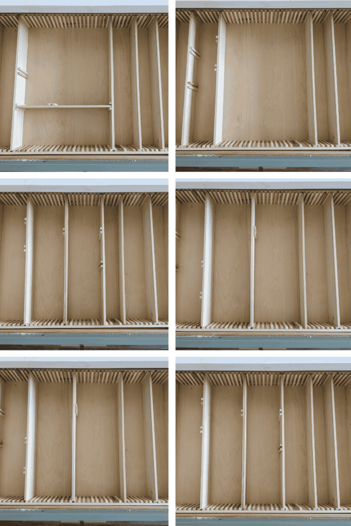 adjustable DIY drawer dividers shown with 6 different layouts