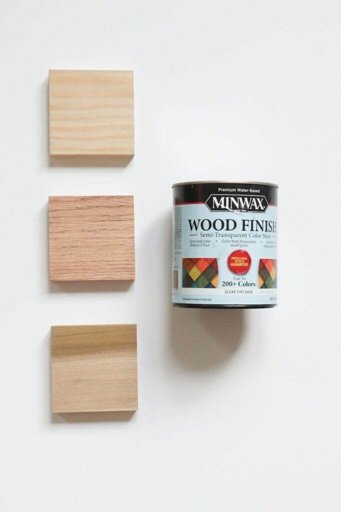 Minwax water-based semi-transparent stain in weathered oak on pine, poplar, and red oak