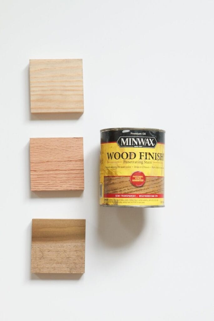 Minwax Weathered Oak stain on pine, poplar, and red oak