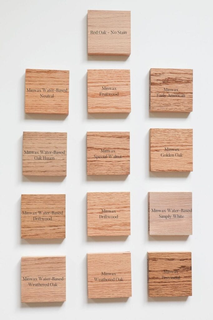 light to medium wood stain samples on red oak