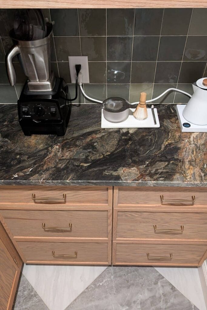 overhead view of black quartzite countertop installed in DIY pantry