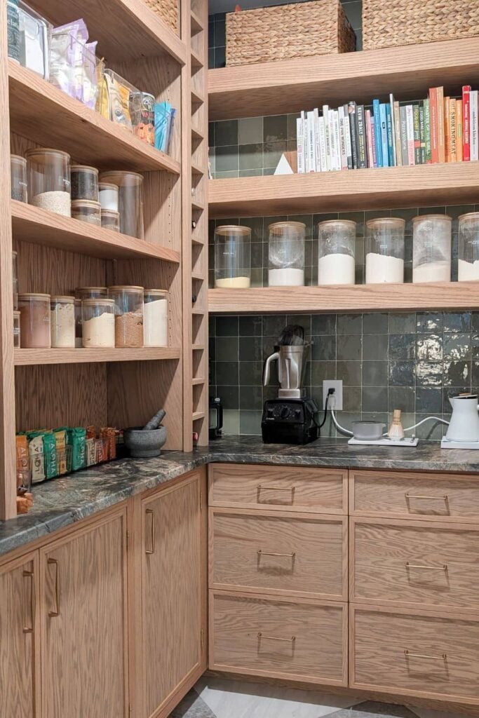 DIY pantry butler's pantry with wine rack and floating shelves