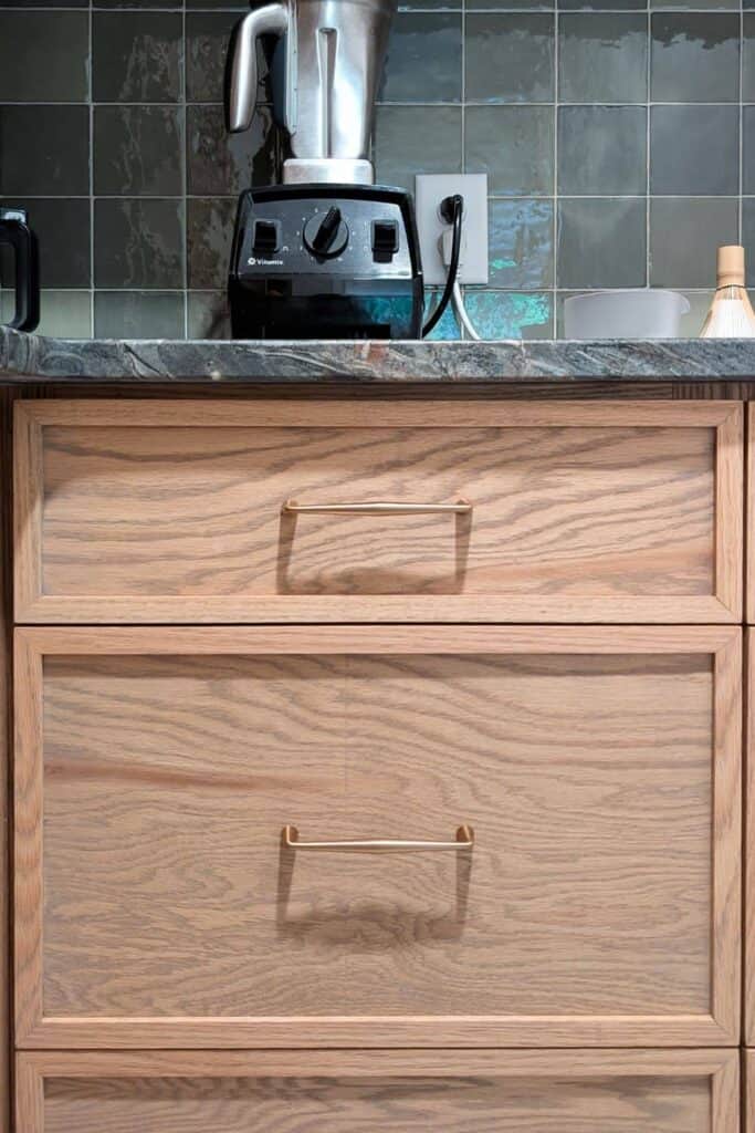 close up of full overlay DIY drawers with skinny shaker drawer fronts