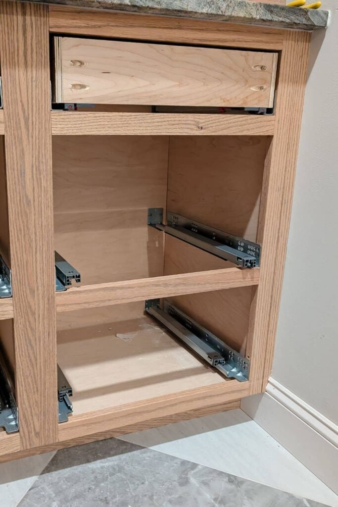 undermount drawer slides installed in DIY cabinet