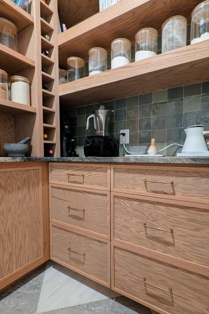 custom DIY pantry with wood skinny shaker cabinets and floating shelves
