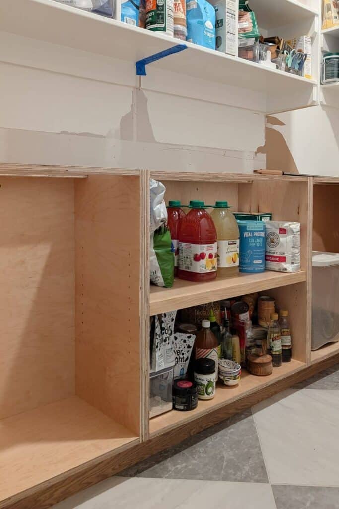 DIY base cabinets installed in pantry